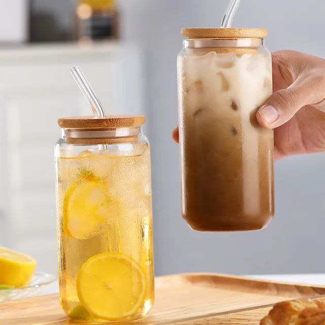 Glass Can Jar Cup with Wooden Lid & Glass Straw