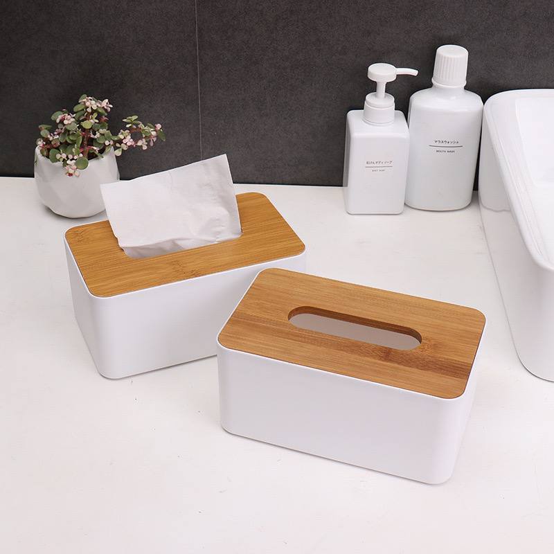 Homecoolen White Tissue Box with Bamboo Lid