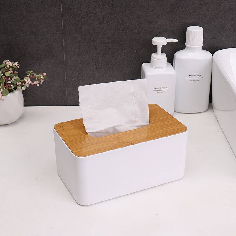 Homecoolen White Tissue Box with Bamboo Lid
