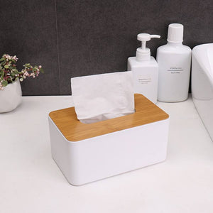 Homecoolen White Tissue Box with Bamboo Lid