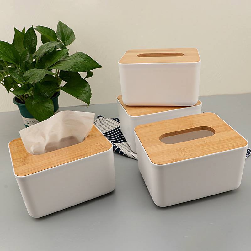 Homecoolen White Tissue Box with Bamboo Lid