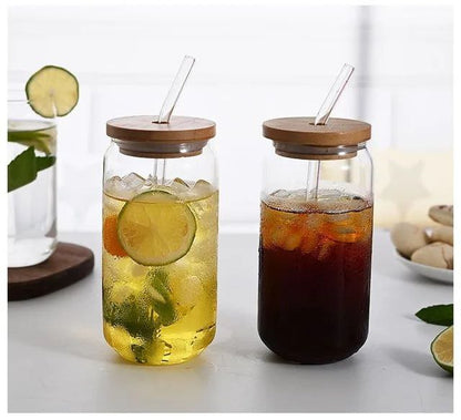 Glass Can Jar Cup with Wooden Lid & Glass Straw