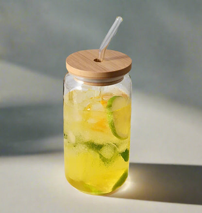 Glass Can Jar Cup with Wooden Lid & Glass Straw